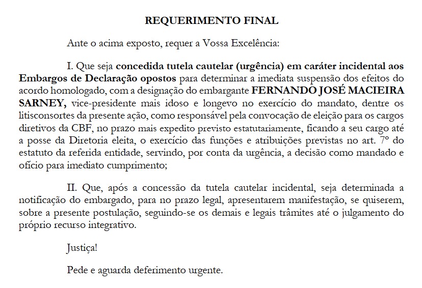 Em pedido de tutela de urgência, Fernando Sarney pediu a anulação do acordo que mantém Ednaldo Rodrigues no comando da CBF e a convocação de novas eleições / Reprodução