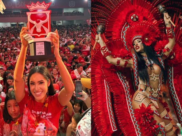 Isabelle Nogueira festeja a vitória do Boi Garantido no Festival de Parintins