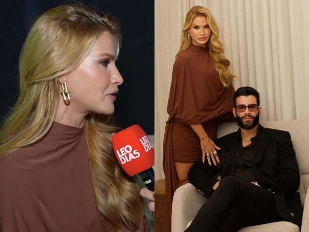 Andressa Suita aposta em look sob medida de grife indiana para receber Leo Dias