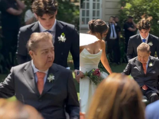 De cadeira de rodas, Faustão conduz a filha Lara Silva ao altar em casamento