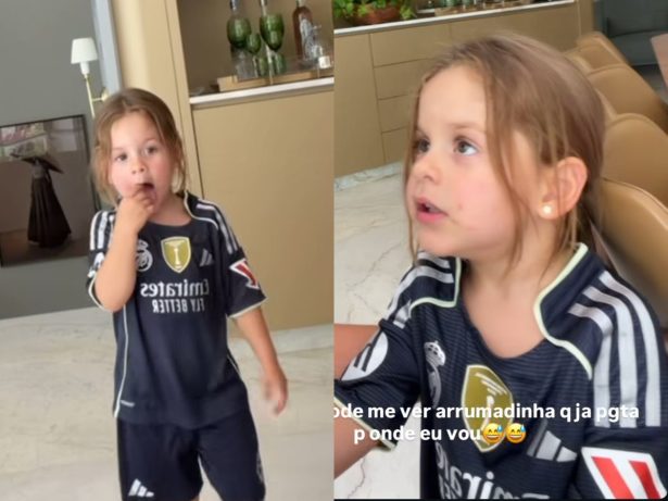 Virginia mostra Maria Flor com uniforme do Real Madri antes de viagem em família à Espanha