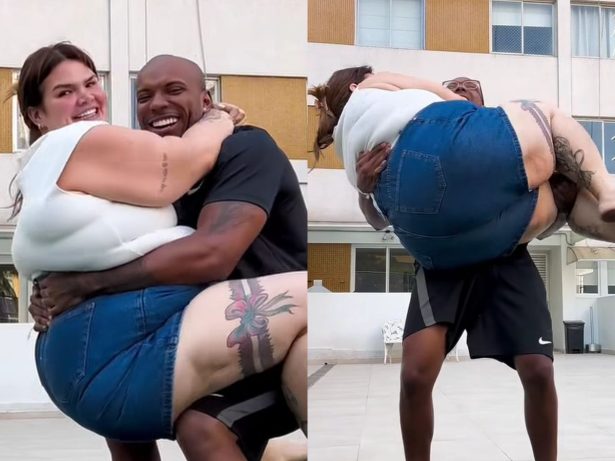 Thaís Carla realiza sonho de ser carregada pelo marido após perder 70kg