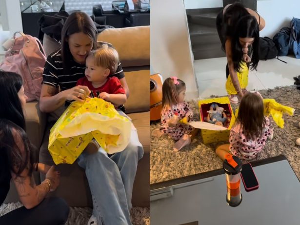 Mimos! Zé Felipe compartilha vídeo de Ana Castela presenteando seus filhos com Virginia Fonseca