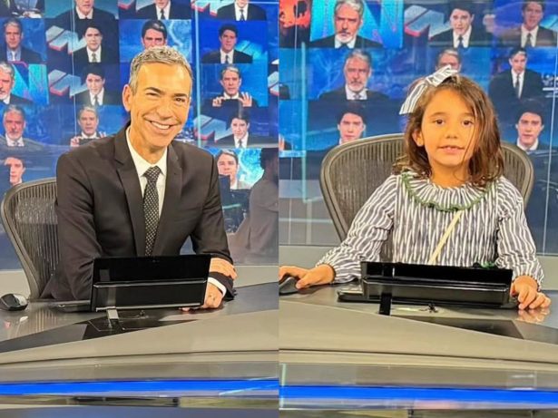 Tralli compartilha momento fofo com a filha na bancada do JN: “Na cadeira da Tia Renata”