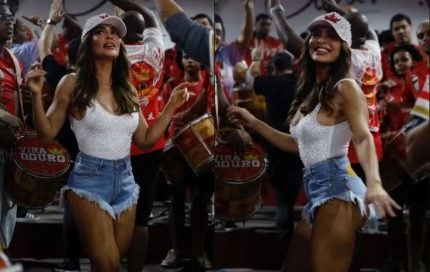 Com muito samba no pé, Juliana Paes brilha em ensaio na quadra da Viradouro