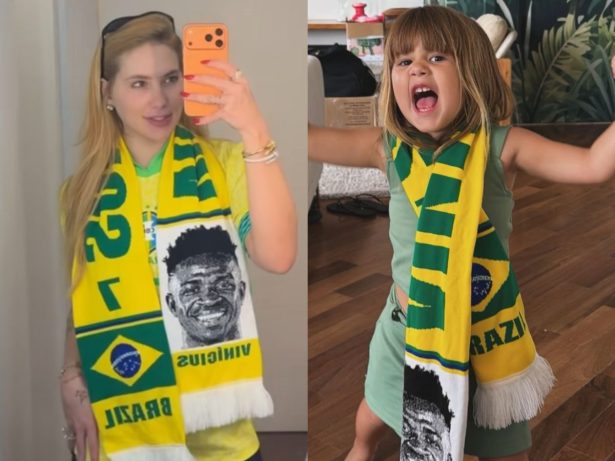 Virginia e Maria Alice surgem uniformizadas para torcer por Vini Jr. em jogo do Brasil