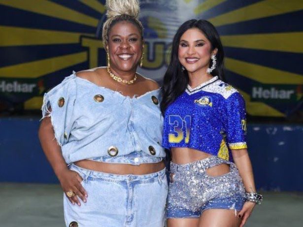 Mileide Mihaile recebe Cacau Protásio em ensaio de rua da Unidos da Tijuca