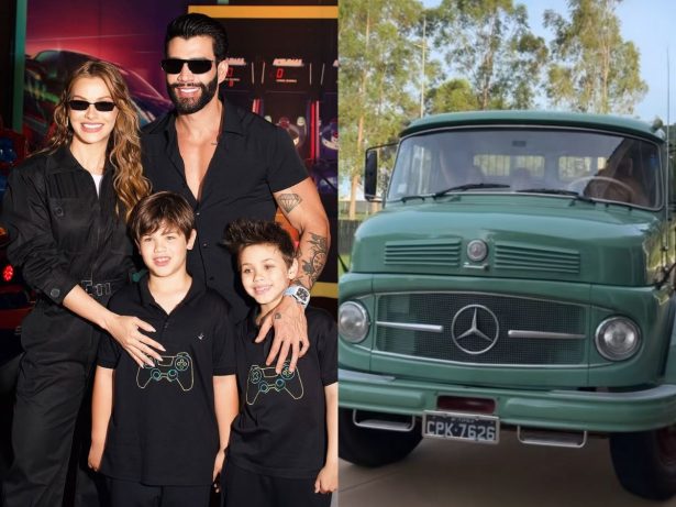 Gusttavo Lima passeia com caminhão clássico ao lado dos filhos