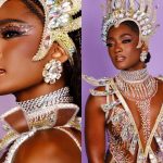 Erika Januza brilha com fantasia em homenagem a Mestre Ciça para cruzar a Sapucaí