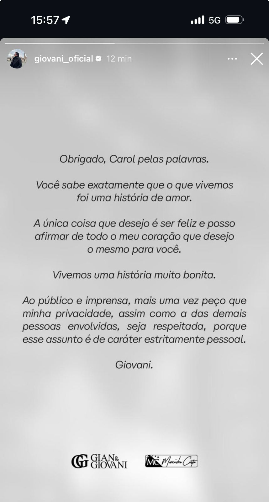 Crédito: Reprodução Instagram @giovani_oficial Crédito: Reprodução Instagram @giovani_oficial