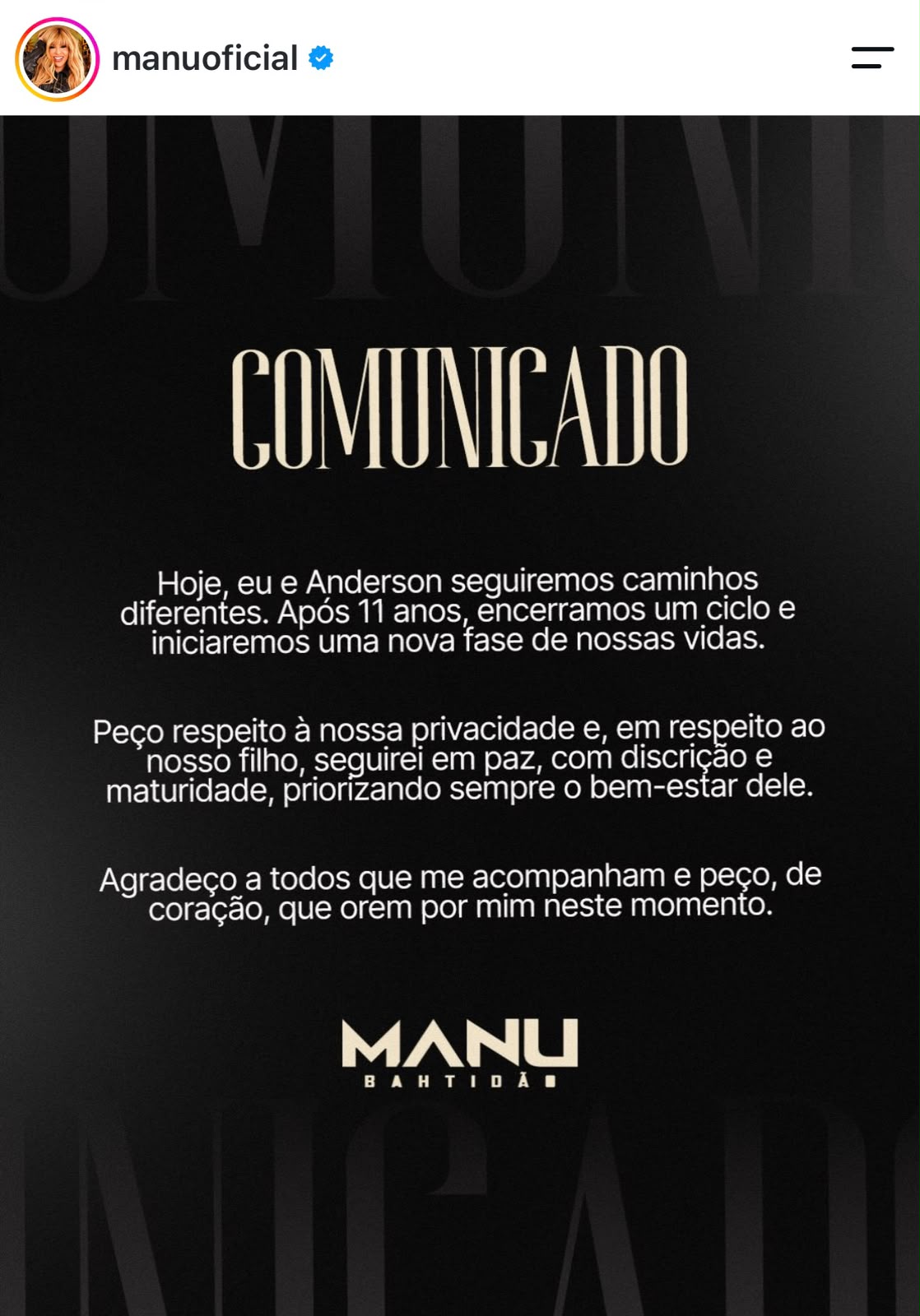 Foto: Reprodução/Instagram @manuoficial