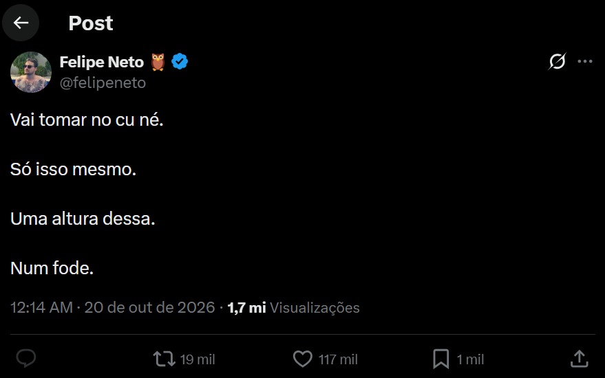 Felipe Neto demonstrou revolta minutos após a publicação de Felca / Foto: Reprodução X