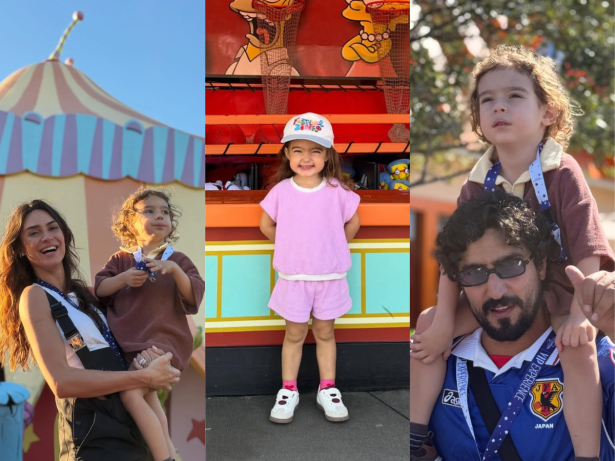 Após fim de “Vale Tudo”, Renato Góes e Thaila Ayala curtem parque dos EUA com os filhos