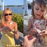 Vicky, filha de Roberto Justus e Ana Paula Siebert, prova gafanhoto e impressiona a mãe