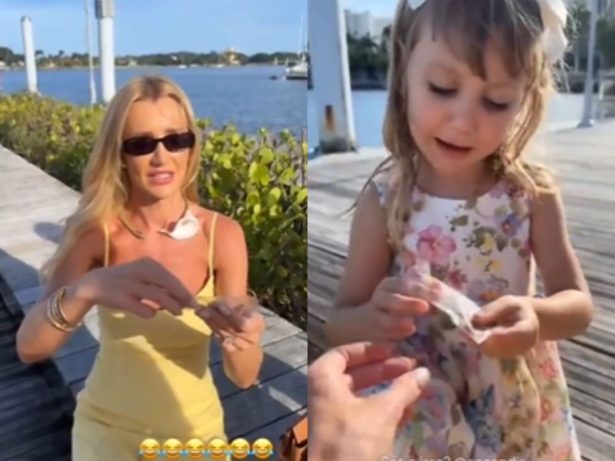 Vicky, filha de Roberto Justus e Ana Paula Siebert, prova gafanhoto e impressiona a mãe