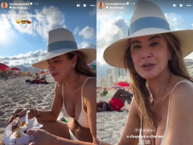 Após brilhar na Sapucaí, Luciana Gimenez curte dia de praia com mate e queijo coalho