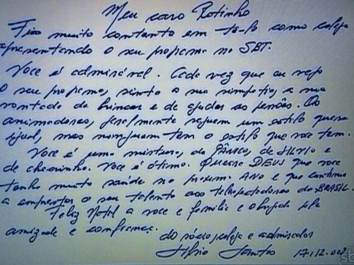 Carta de Silvio Santos para Ratinho (Reprodução)