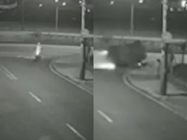 Foi por pouco: Motociclista abandona moto ao ouvir carro desgovernado e escapa de acidente