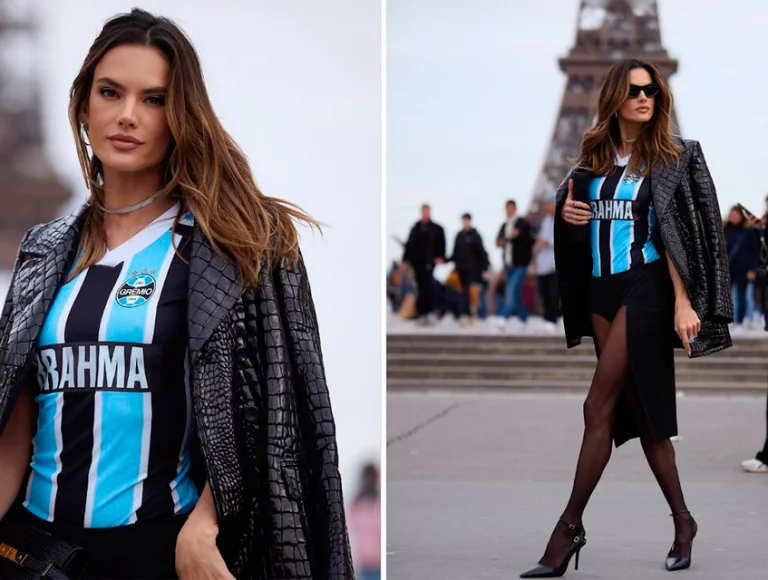 Alessandra Ambrosio inova em look com camisa do Grêmio e desfila pelas ruas de Paris