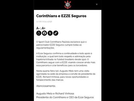 Corinthians fez pronunciamento após vacilo do presidente. Foto: Reprodução
