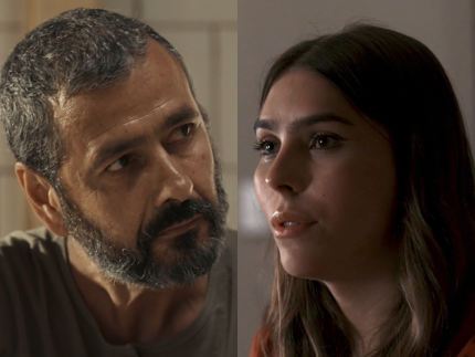 José Inocêncio (Marcos Palmeira) e Buba (Gabriela Medeiros) em Renascer (Reprodução/Globo/Montagem)