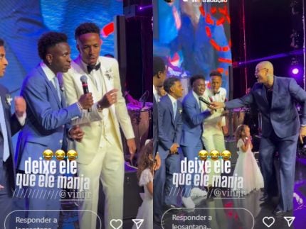 Vini Jr. ataca de cantor e solta a voz ao lado de Léo Santana no casamento de Tainá e Militão