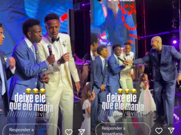 Vini Jr. ataca de cantor e solta a voz ao lado de Léo Santana no casamento de Tainá e Militão