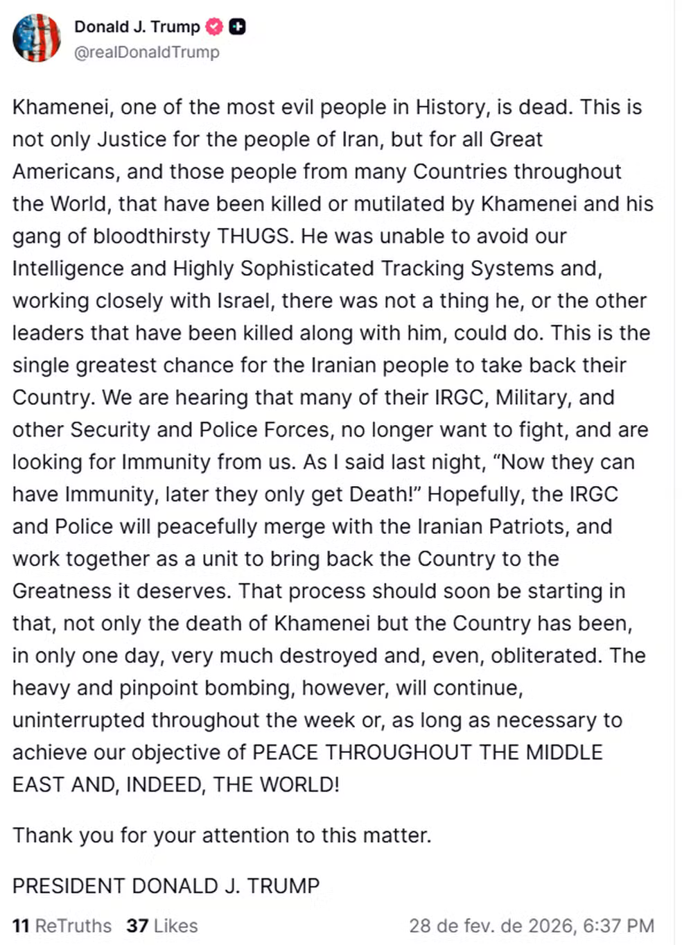 Trump confirma morte Khamenei em post na rede Truth Social / Reprodução 