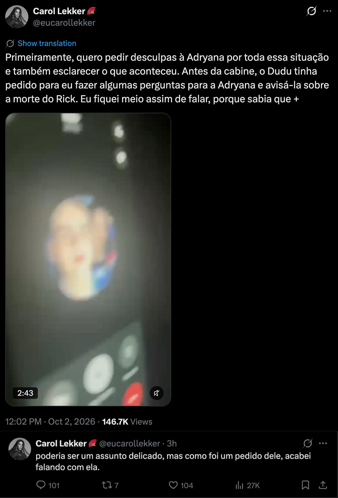 Crédito: Reprodução X @eucarollekker