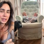 Montagem foto de Clara Maia e foto dos pitbulls Tibau e Tita com os filhos gêmeros da influenciadora