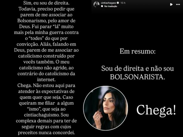 Cíntia Chagas rejeita rótulo bolsonarista e faz apelo na internet: “Chega”