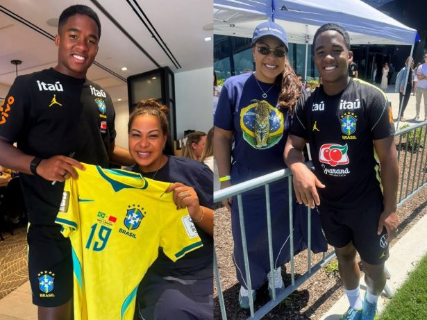 Mãe de Endrick aproveita treino aberto para rever o filho e conhecer craques da Seleção