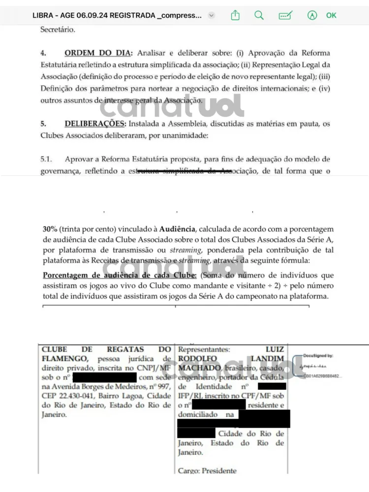 Documento assinado digitalmente por Rodolfo Landim, ex-presidente do Flamengo, que aprovou a distribuição de receitas da TV Globo para os clubes da LIBRA / Reprodução: Uol 