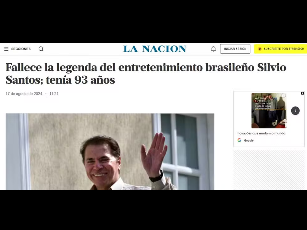 Portais de todo Mundo destacaram a morte de Silvio Santos (Reprodução)