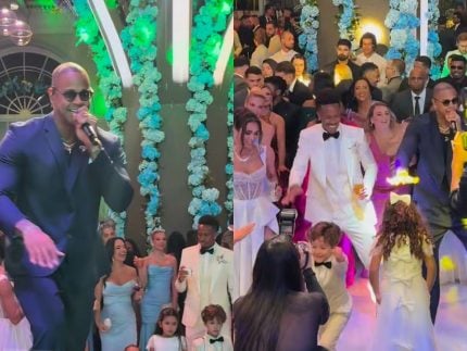 Éder Militão e Tainá Castro curtem festa de casamento com show de Léo Santana