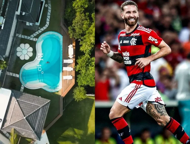 Em dia de calor, Leo Pereira, zagueiro do Flamengo, exibe piscina de sua mansão