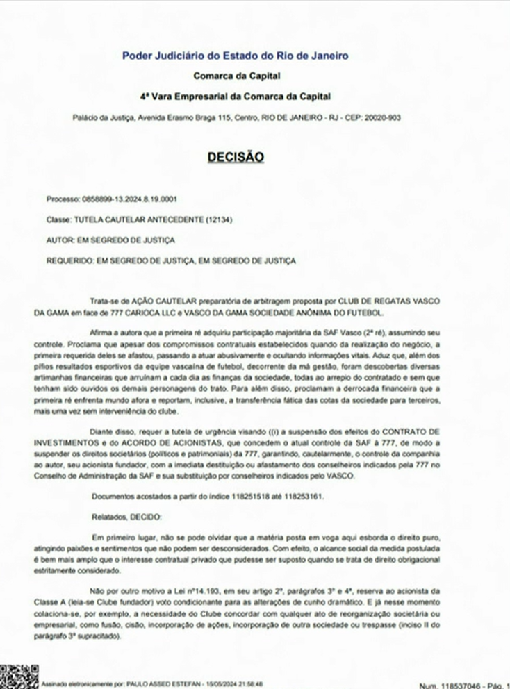 Liminar que dá ao Vasco associativo o controle momentâneo do Vasco SAF. Foto: Reprodução