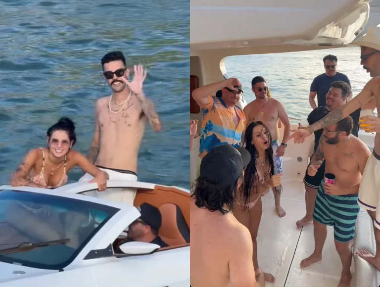 Festa na lancha! Ana Castela, Mioto e Luan Pereira reúnem amigos em dia na praia