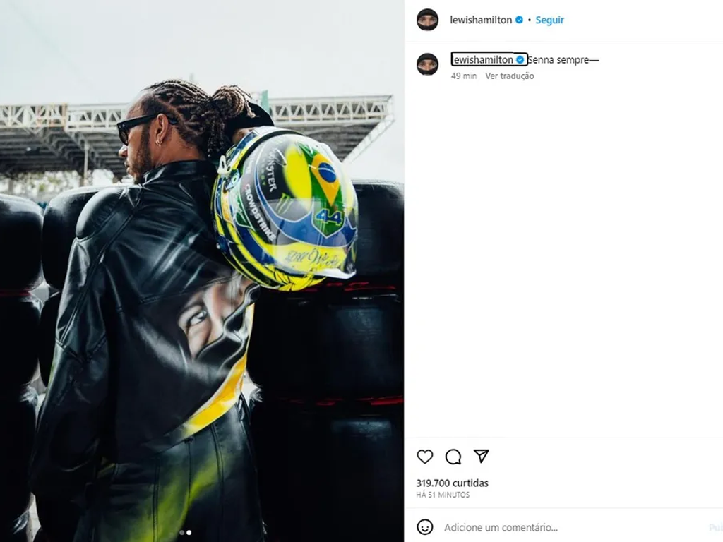 Look de Hamilton em homenagem a Senna, durante o GP de São Paulo de 2023 (Reprodução)