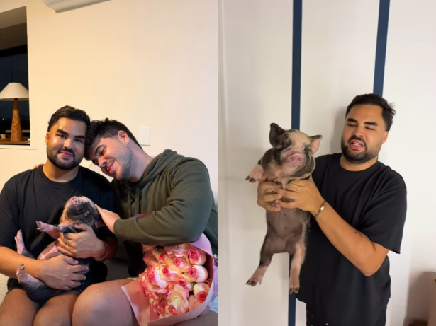 Alvaro surpreende Lucas Guedez com porquinha de presente de aniversário de 30 anos