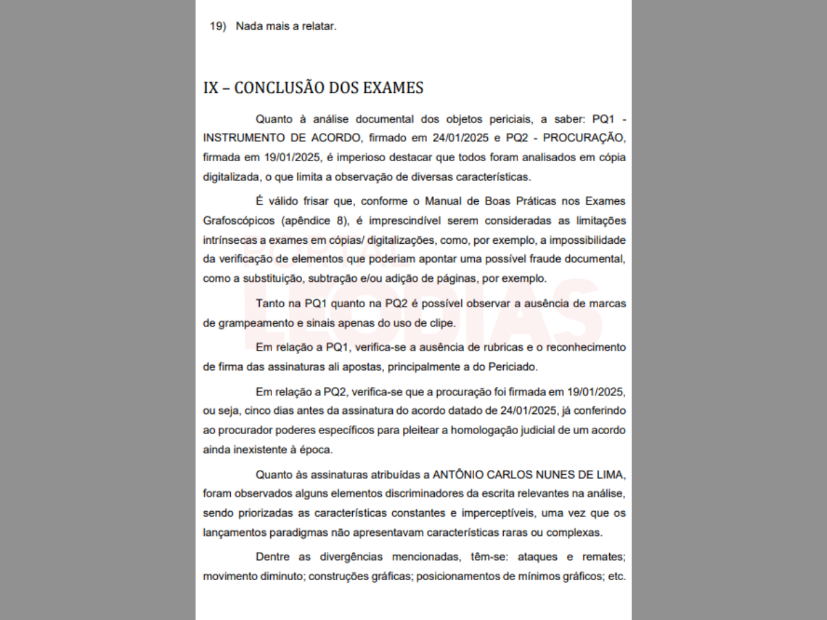 Assinatura atribuída a Coronel Nunes foi considerada falsa laudo feito pela perita Jacqueline Tirotti / Reprodução