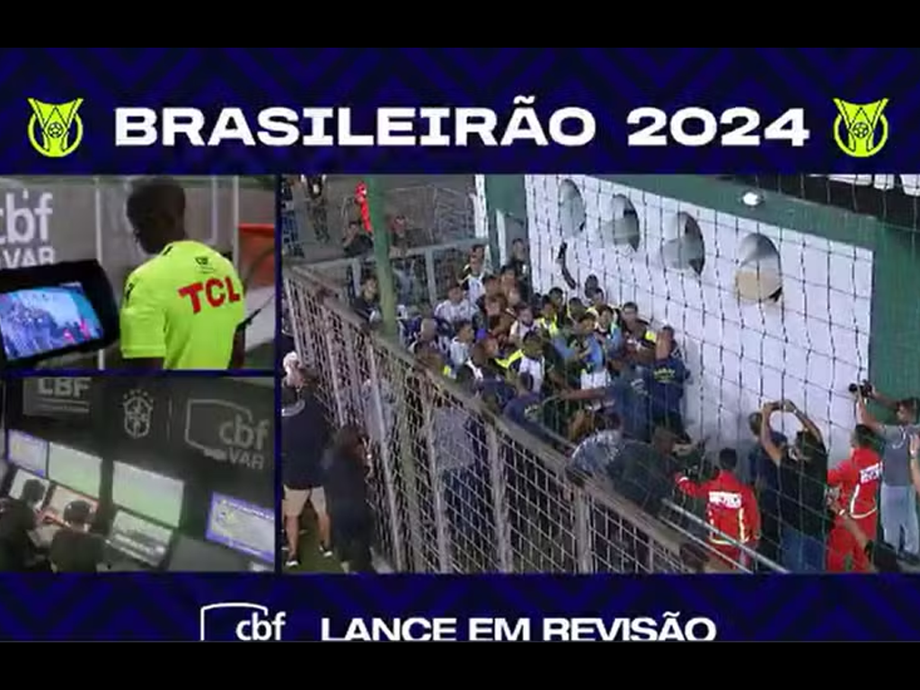 O VAR analisou a briga e Luiz Henrique, do Botafogo, foi expulso por atirar garrafa em seguranças (Reprodução)