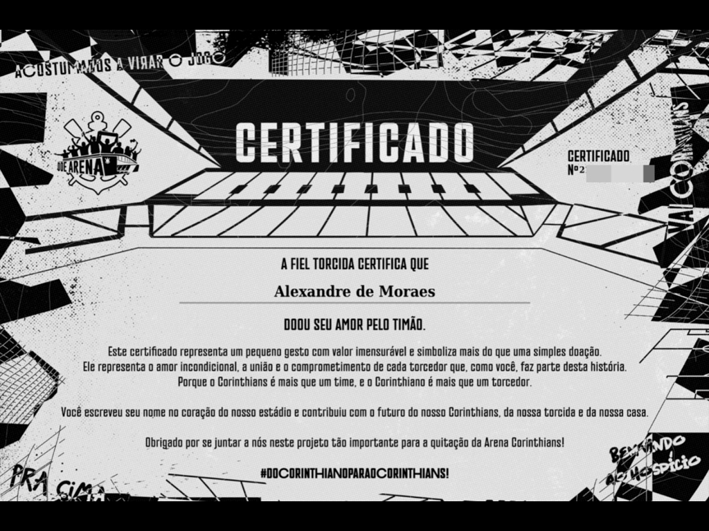 Certificado de doação de Alexandre de Moraes para a vaquinha da Gaviões da Fiel (Reprodução)