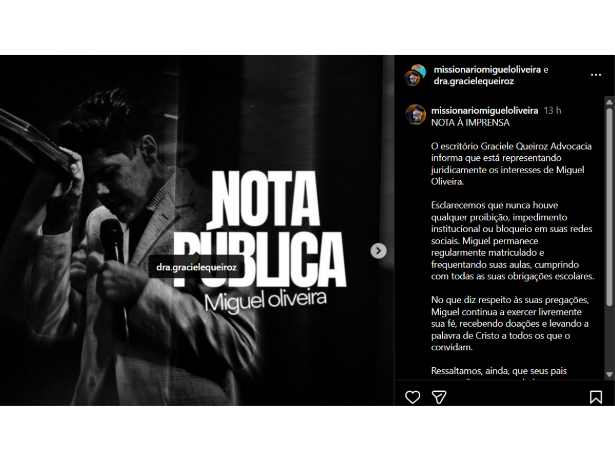 Reprodução Instagram @missionariomigueloliveira
