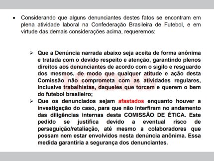 Comissão de Ética da CBF negou denúncias contra Ednaldo por serem anônimas 2 Em denúncia anônima, funcionários e ex-funcionários da CBF reforçam pedido de anonimato para evitar perseguições / Reprodução
