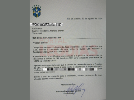 Salário alto pra concunhado e curso pra genro: Ednaldo privilegiou familiares na CBF 1 Em e-mail enviado ao genro, Ednaldo confirma bolsa de 100% na CBF Academy
