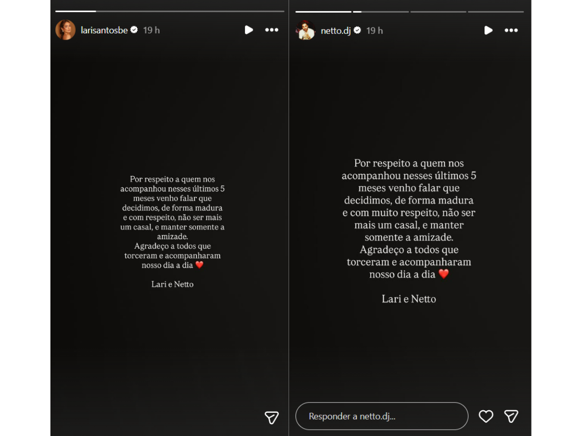 Reprodução Instagram @larisantosbe e @netto.dj