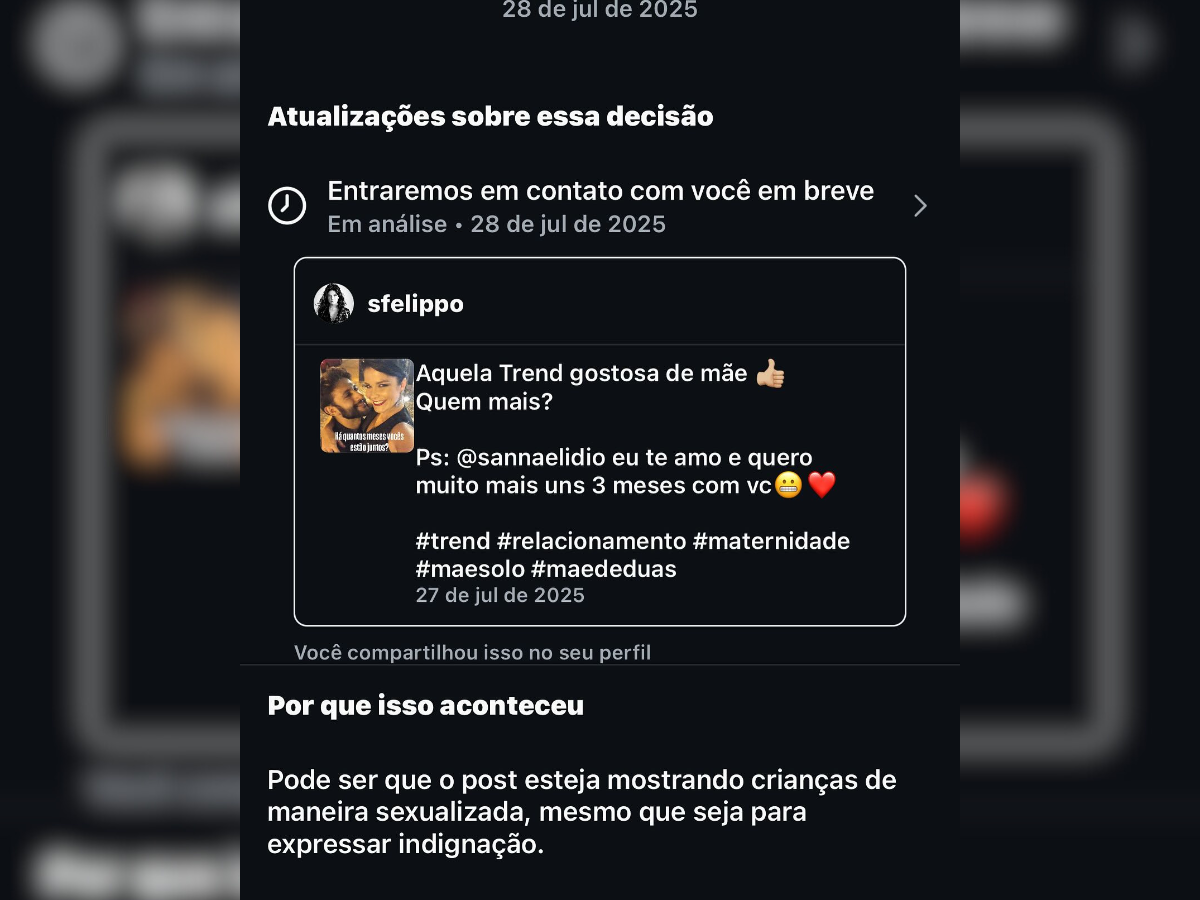 A plataforma puniu a atriz pela postagem. Reprodução/@sfelippo