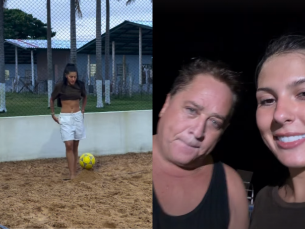 Ana Castela joga futevôlei com o ex-sogro, Leonardo, e provoca: “Como foi perder duas vezes?”
