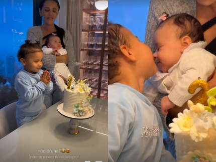 Mel completa 2 meses com parabéns e Mavie encanta fazendo carinho na irmã